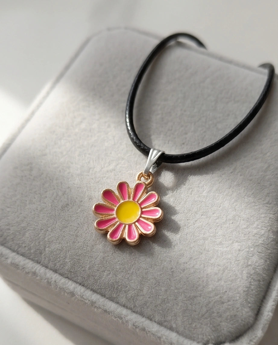 Pink Daisy Flower Enamel Pendant Choker Necklace