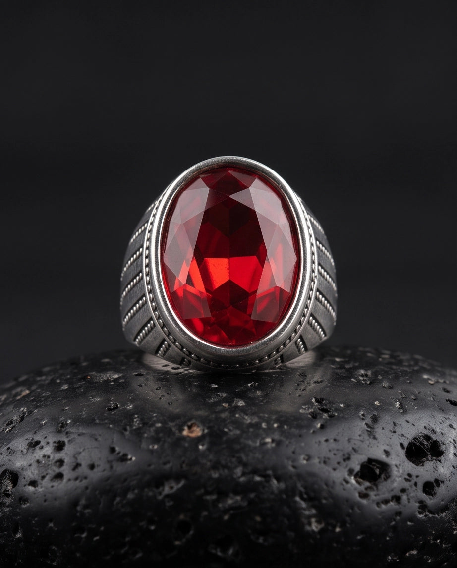 Ruby Gemstone Beaded Surround Vertical Ribbed Silver Ring