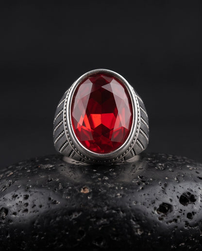 Ruby Gemstone Beaded Surround Vertical Ribbed Silver Ring