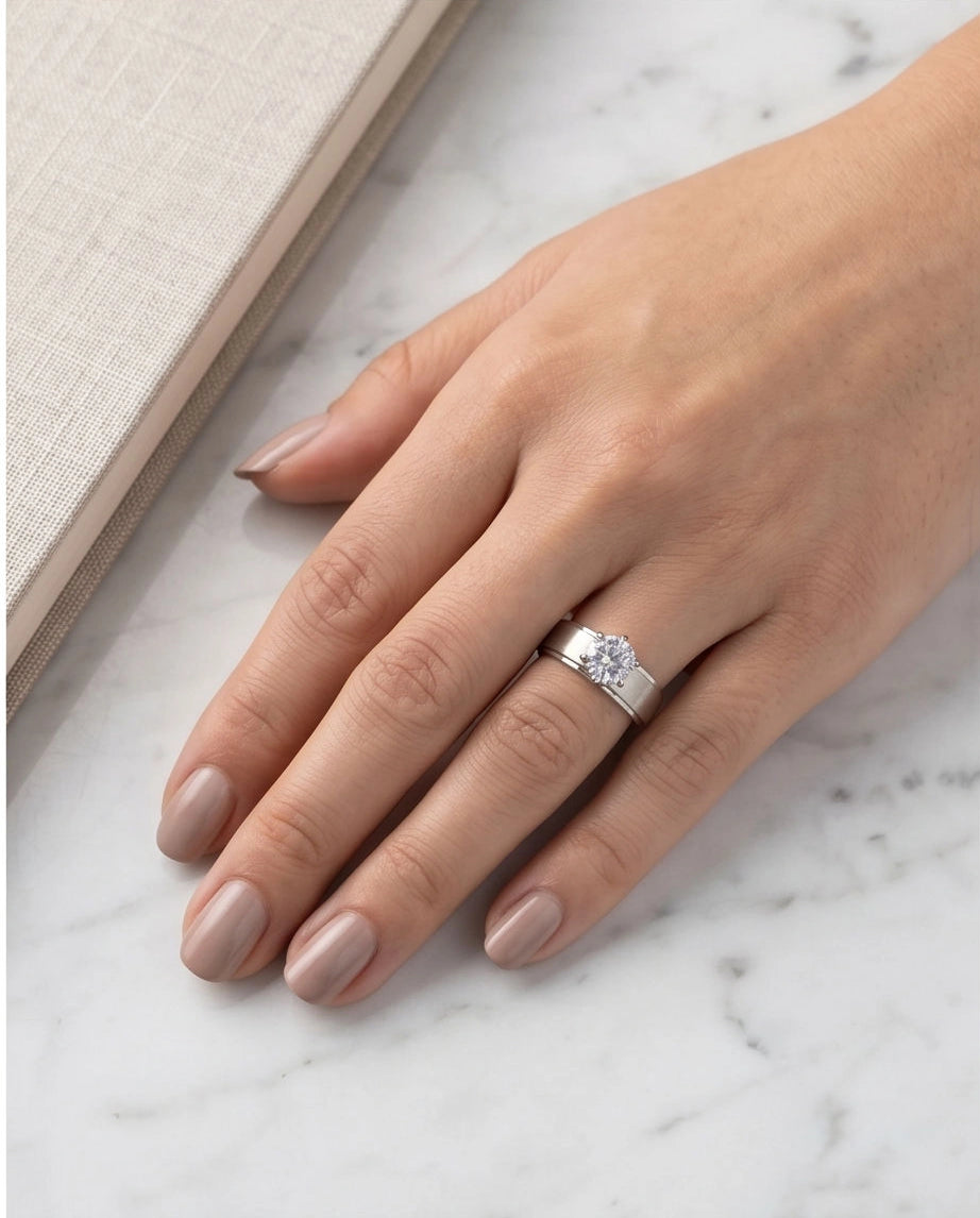 Silver Round Gemstone Brushed Solitaire Ring