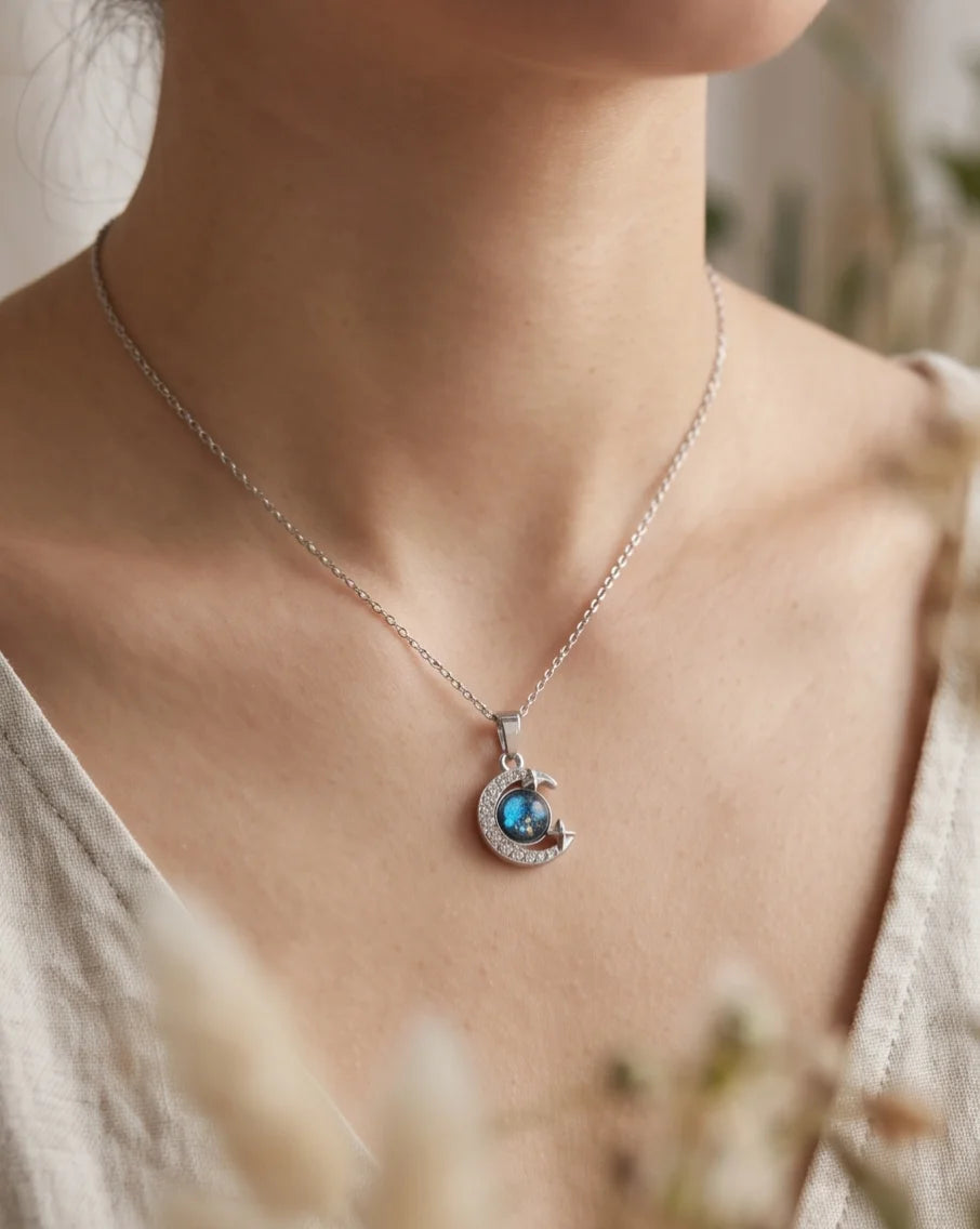 Silver Cosmic Galaxy Crescent Moon Pendant Necklace