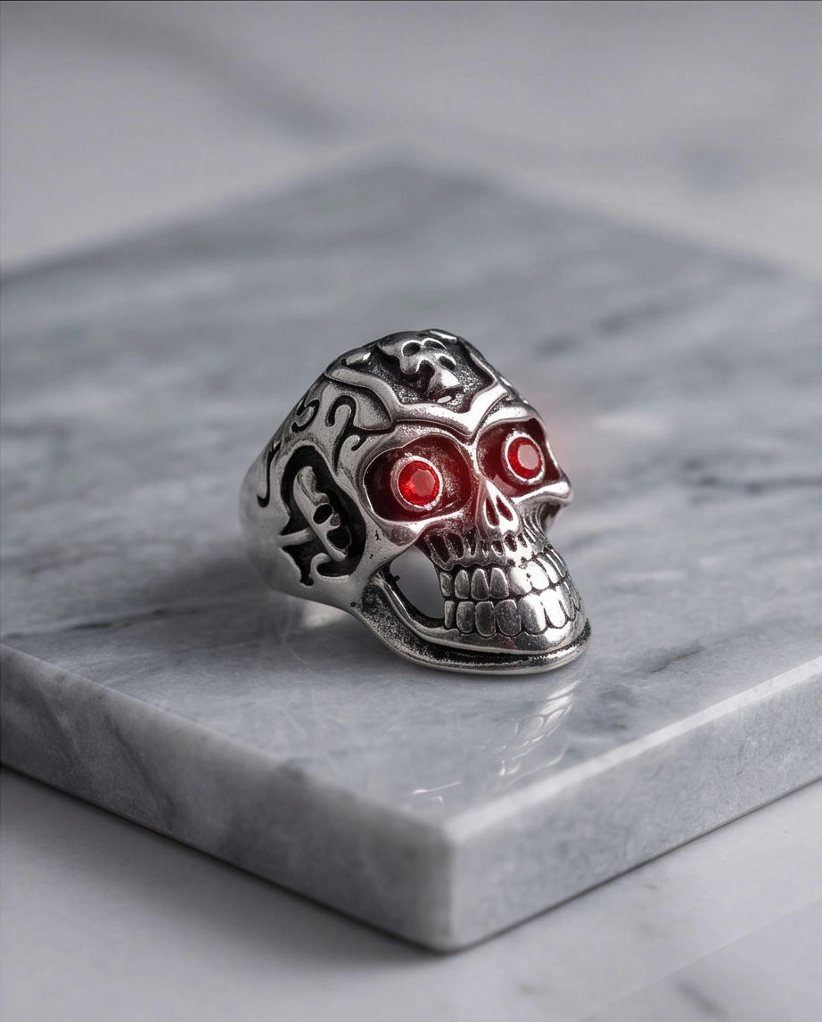 Ruby-Eyed Crested Filigree Skull Ring