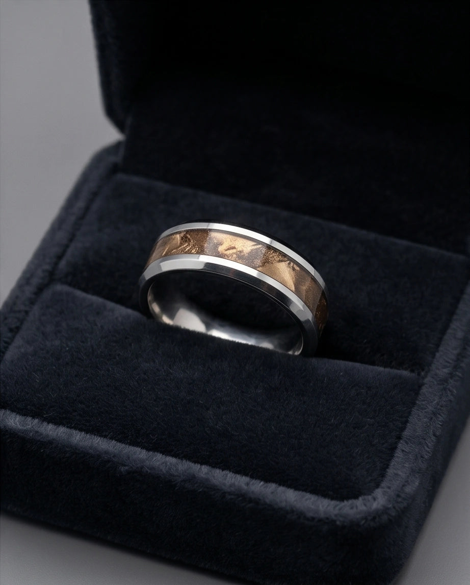 Natural Koa Wood Inlay Silver Band Ring
