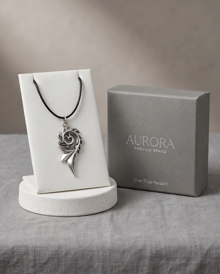 Silver Tribal Swirl Flame Cord Necklace