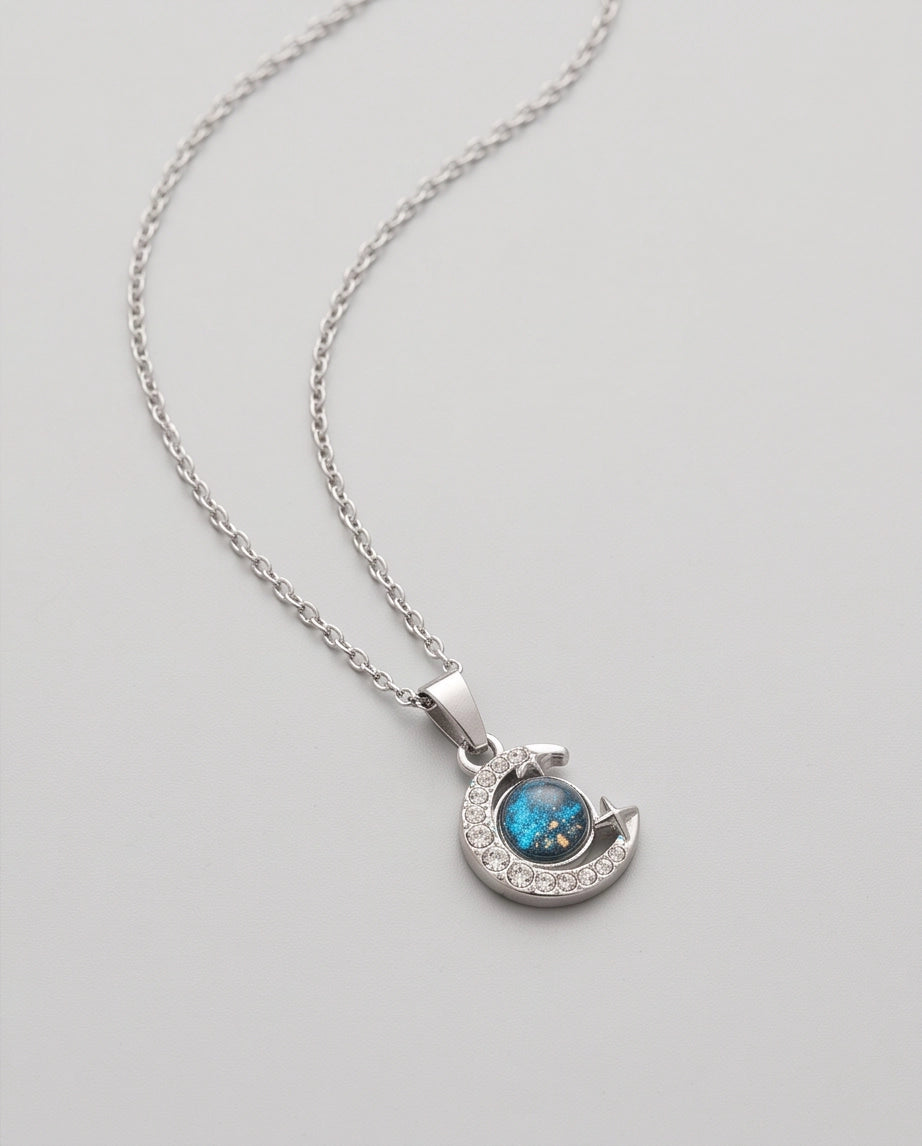 Silver Cosmic Galaxy Crescent Moon Pendant Necklace