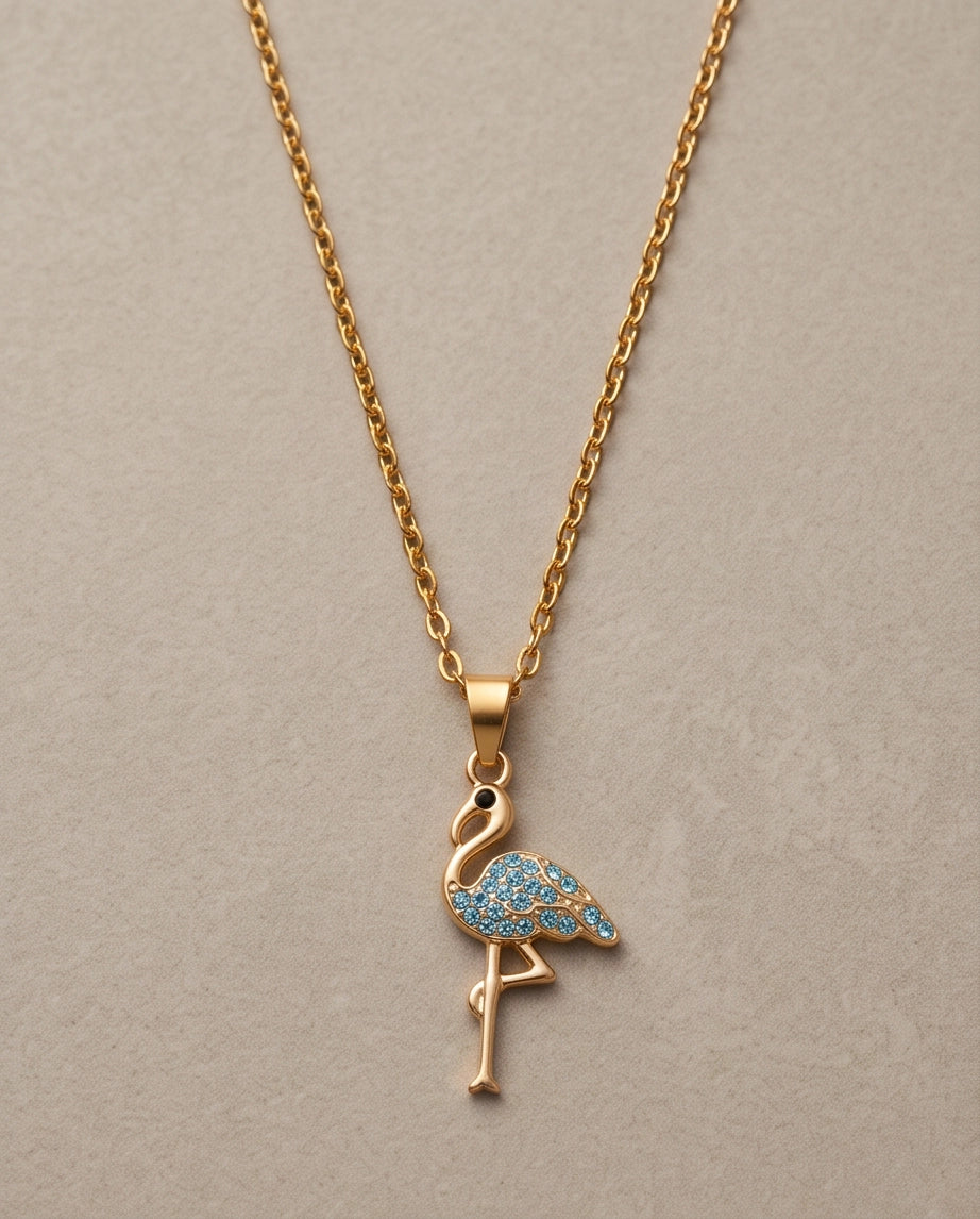 Gold Blue Crystal Paved Flamingo Pendant Necklace