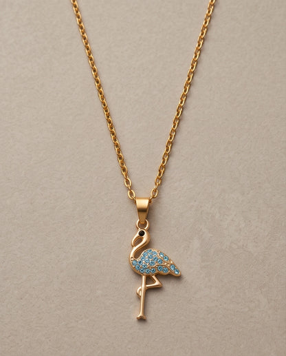 Gold Blue Crystal Paved Flamingo Pendant Necklace