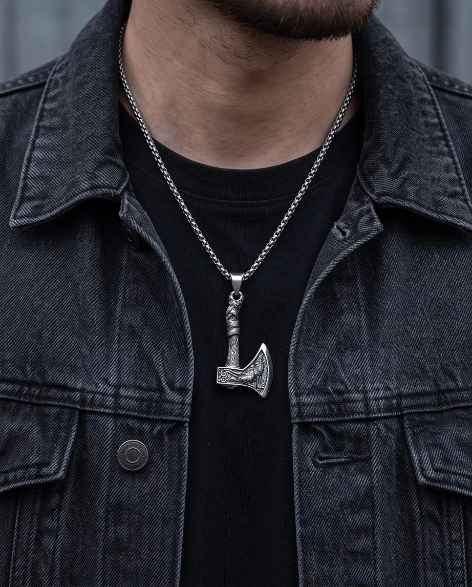 Silver Viking Axe Wolf Pendant Necklace