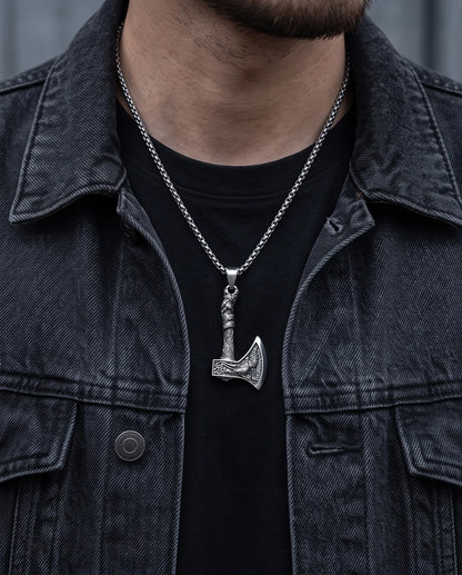 Silver Viking Axe Wolf Pendant Necklace