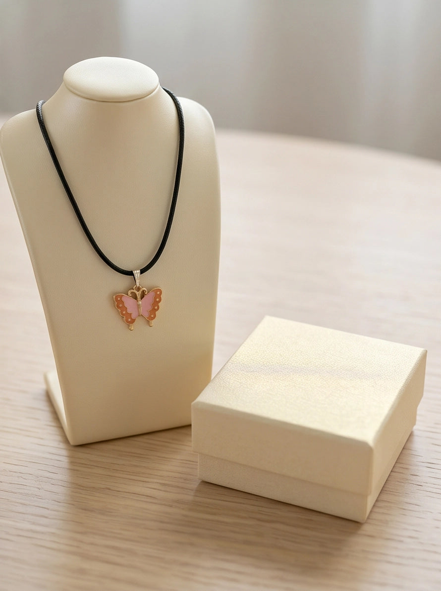 Pink & Peach Enamel Butterfly Pendant Necklace