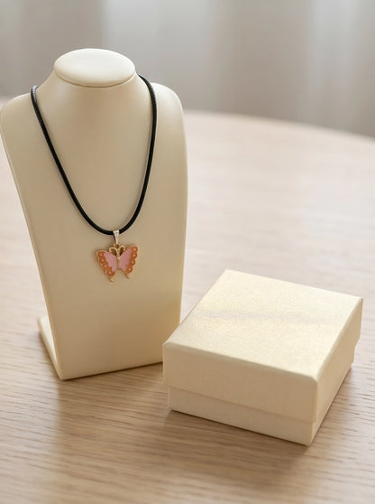 Pink & Peach Enamel Butterfly Pendant Necklace