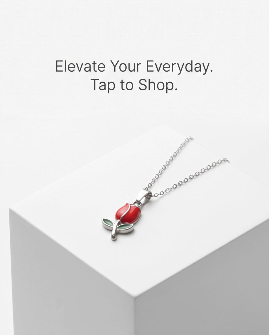 Silver Red Enamel Tulip Pendant Necklace