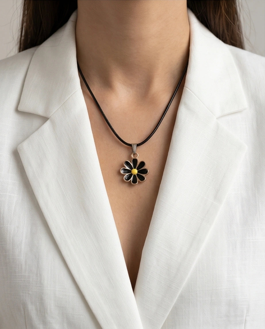 Gold and Black Daisy Pendant Necklace