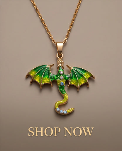 Gold Green Enamel Dragon Wyvern Pendant Necklace