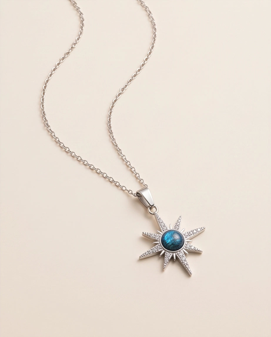 Silver Crystal Paved North Star Cosmic Orb Pendant Necklace