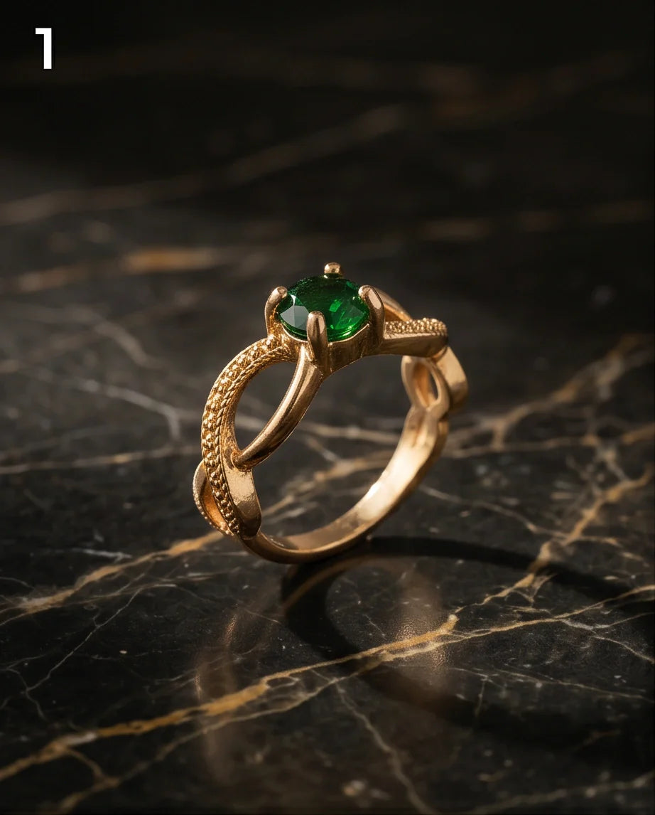 Gold Emerald Round Infinity Twist Ring