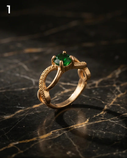 Gold Emerald Round Infinity Twist Ring
