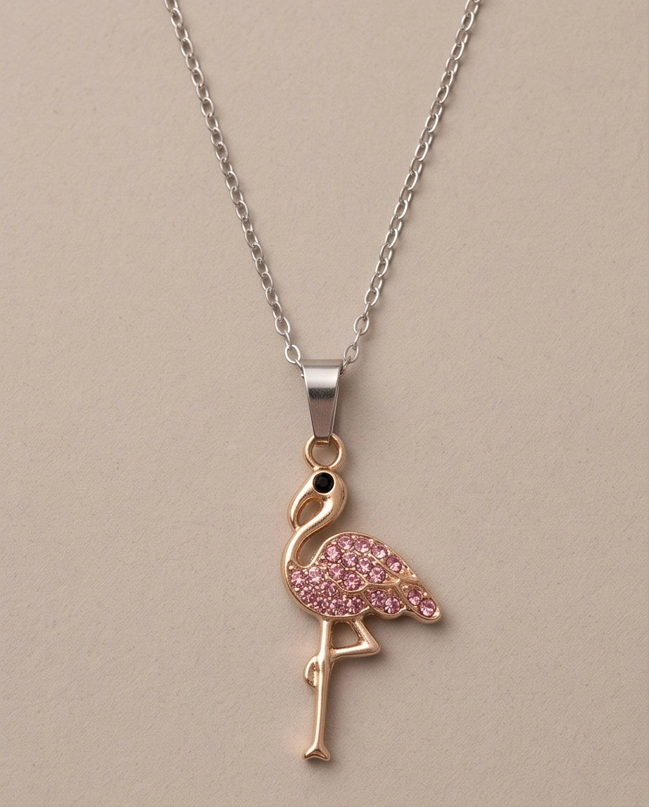 Gold Pink Crystal Paved Flamingo Pendant Necklace
