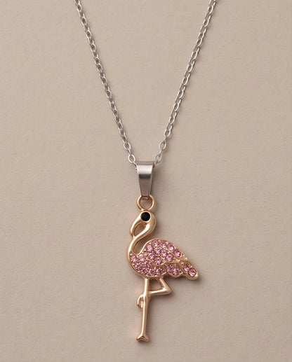 Gold Pink Crystal Paved Flamingo Pendant Necklace