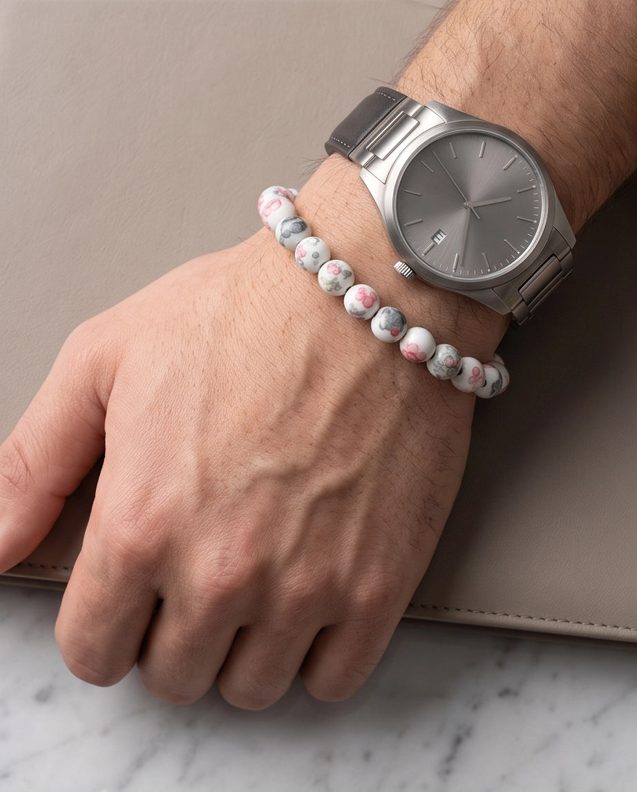 Cherry Blossom Patterned Ceramic Beaded Adjustable Macrame Bracelet