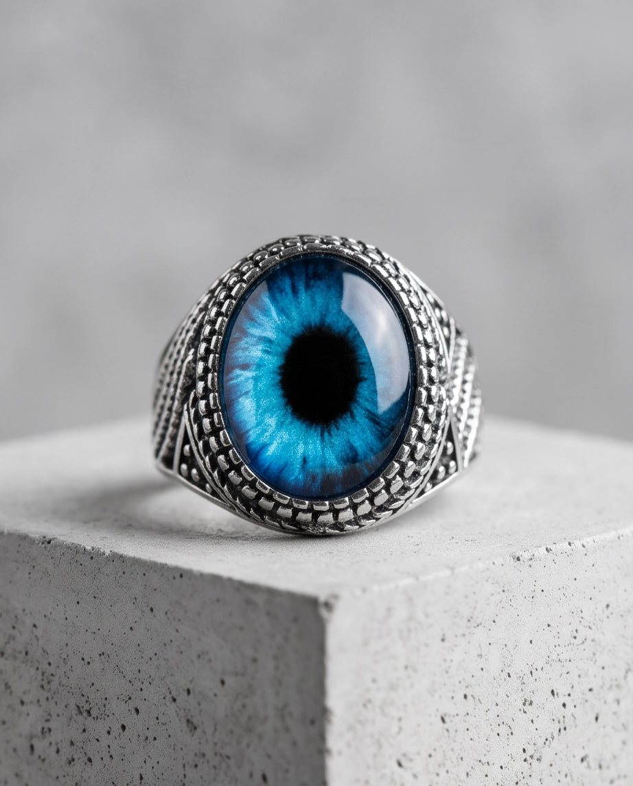 Azure Scale Beaded Slit-Pupil Silver Ring