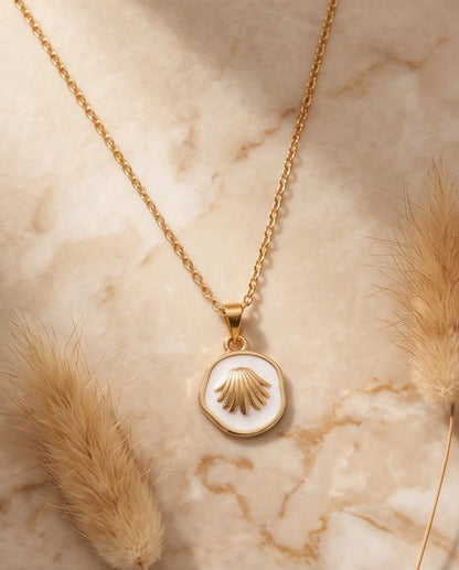 Gold White Enamel Seashell Medallion Pendant Necklace