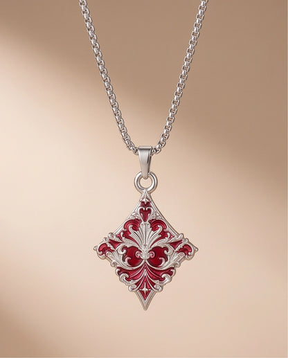 Silver Red Enamel Filigree Diamond Pendant Necklace
