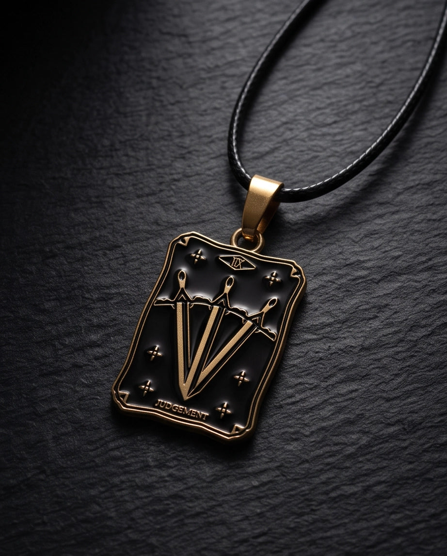 Gold "Judgement" Three Swords Tarot Card Pendant Necklace
