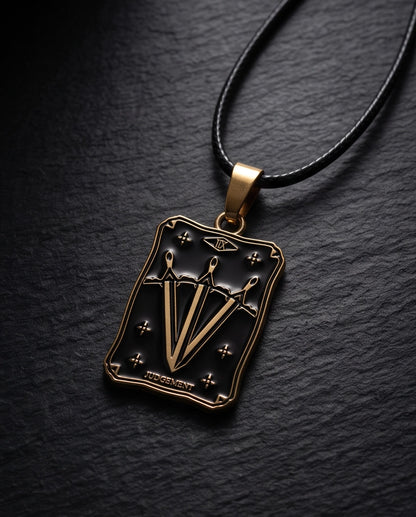 Gold "Judgement" Three Swords Tarot Card Pendant Necklace