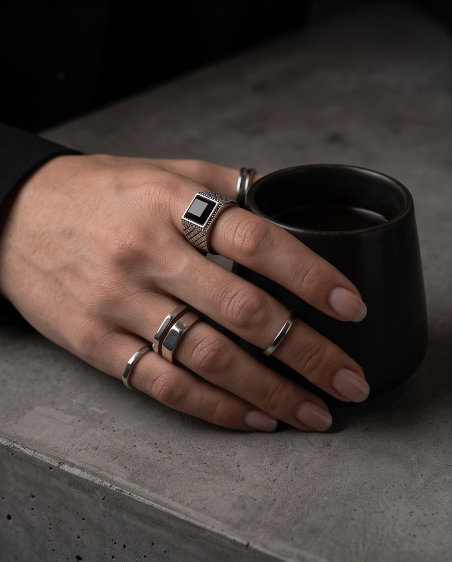Pyramid Cut Onyx-Style Sawtooth Diamond-Mesh Silver Ring
