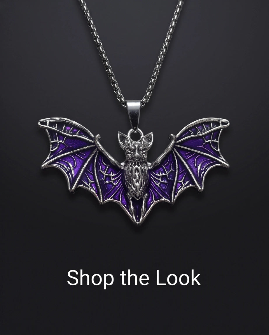 Silver Purple Enamel Flying Bat Pendant Necklace