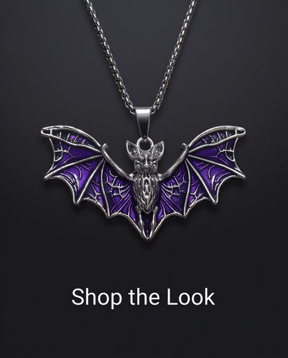 Silver Purple Enamel Flying Bat Pendant Necklace