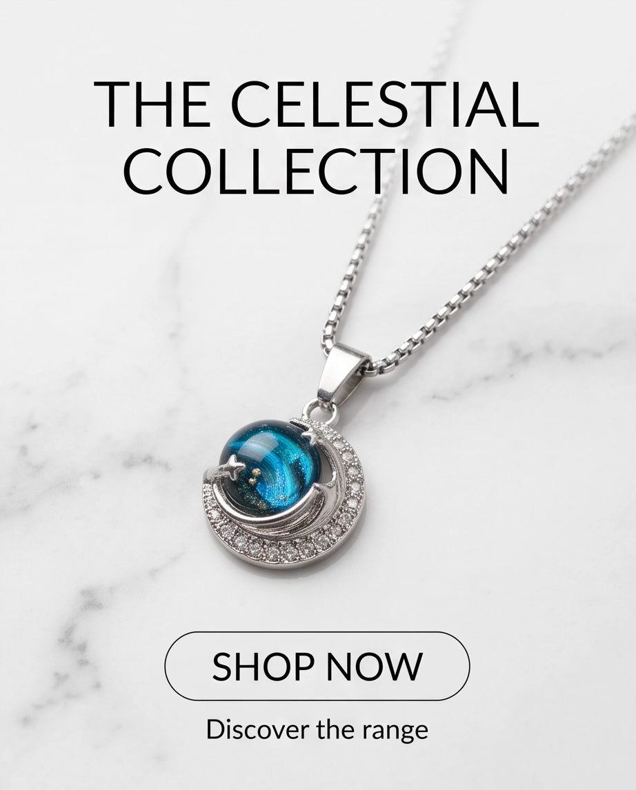 Silver Crystal Crescent Moon Cosmic Galaxy Orb Pendant Necklace