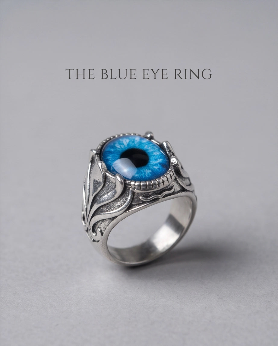 Sapphire Blue Evil Eye Cabochon Prong-Set Silver Ring