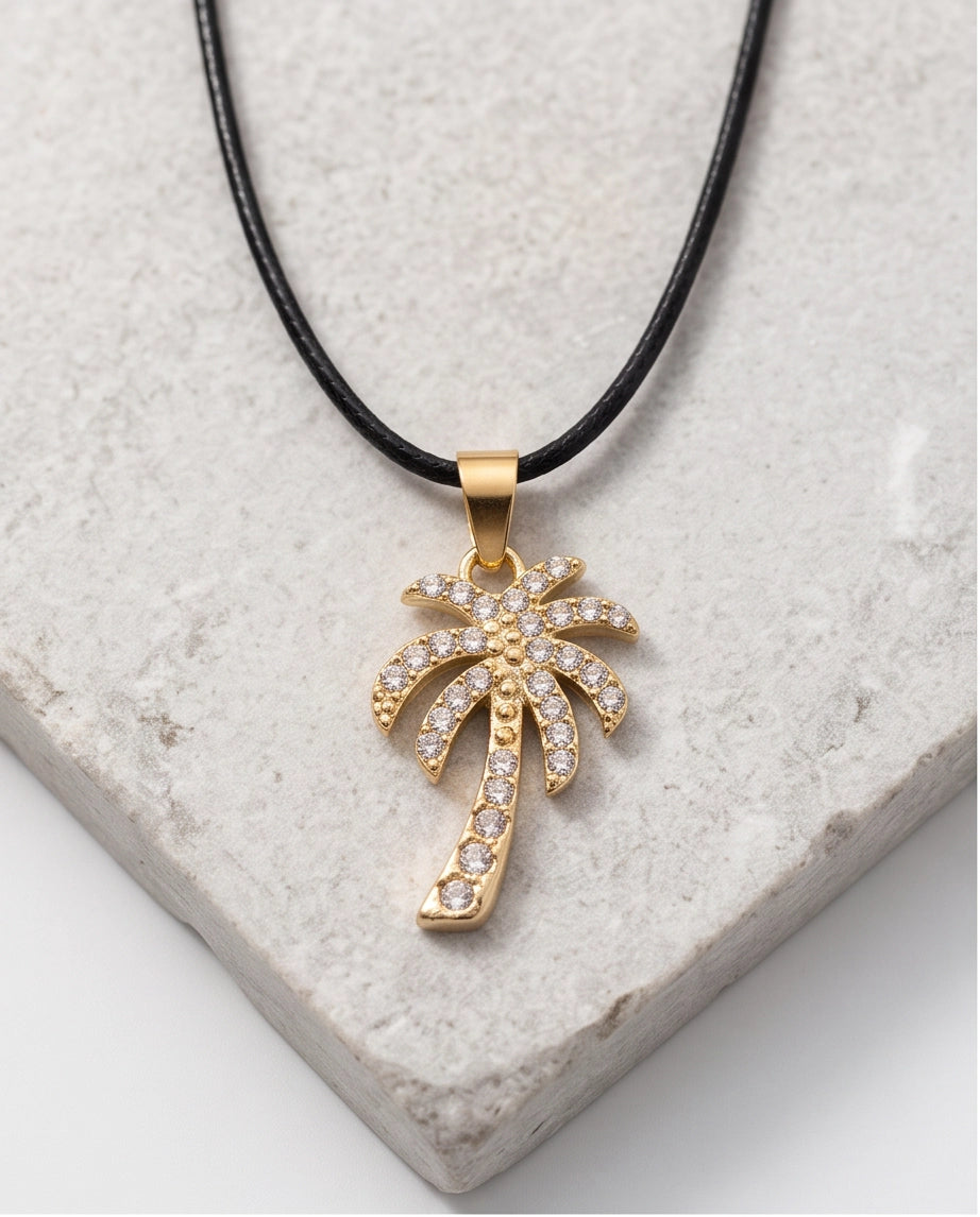 Gold Crystal Pavé Palm Tree Pendant Necklace