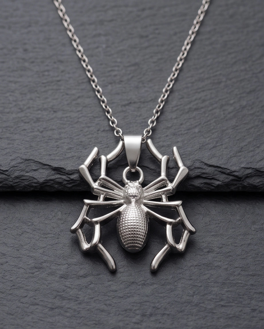 Silver Textured Spider Pendant Necklace
