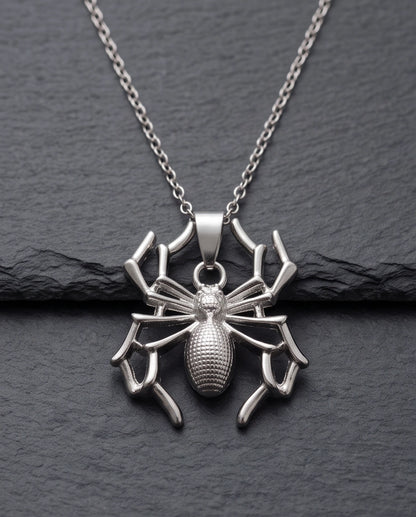 Silver Textured Spider Pendant Necklace
