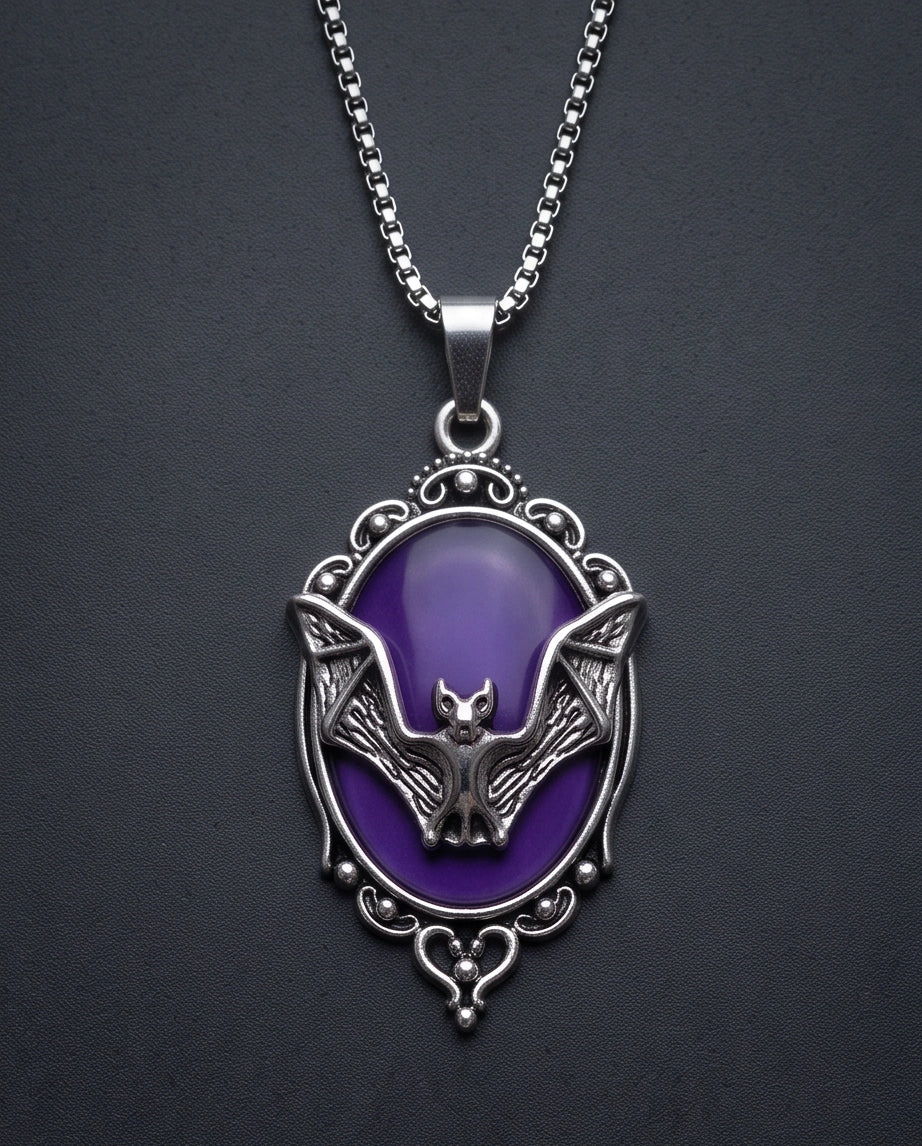 Silver Gothic Bat Purple Enamel Medallion Chain Necklace