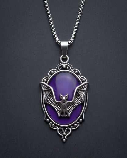 Silver Gothic Bat Purple Enamel Medallion Chain Necklace