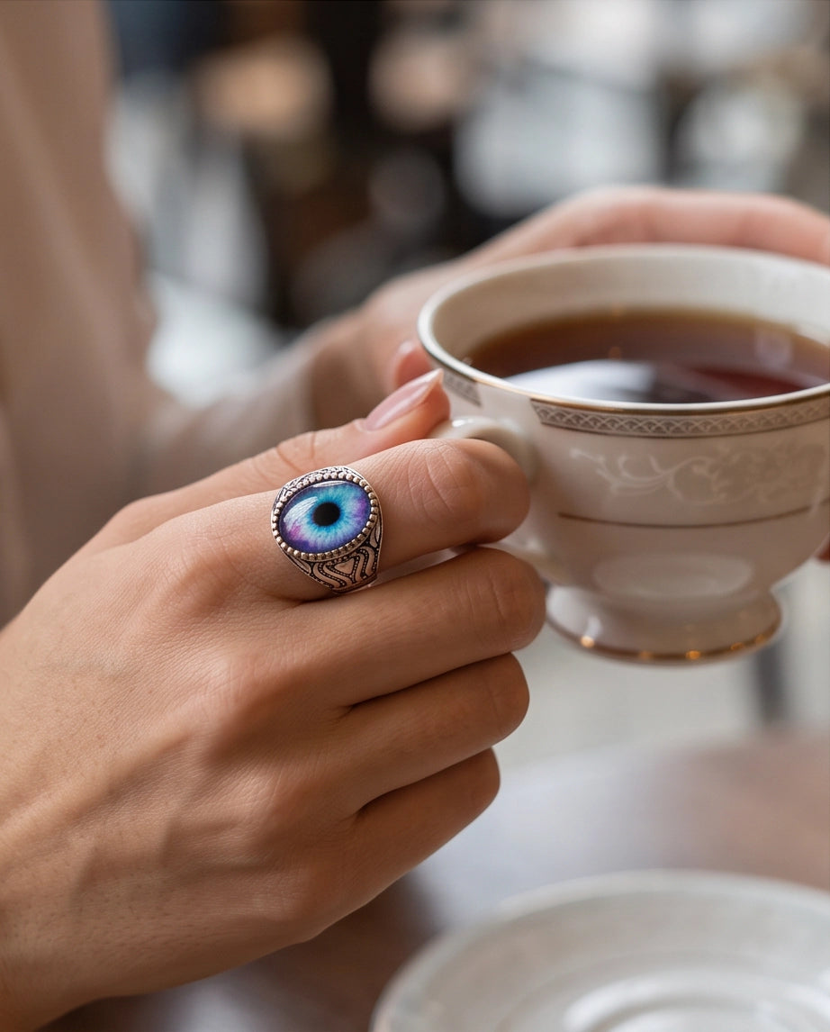 Nebula Blue-Purple Evil Eye Cabochon Ornate Scrollwork Silver Ring