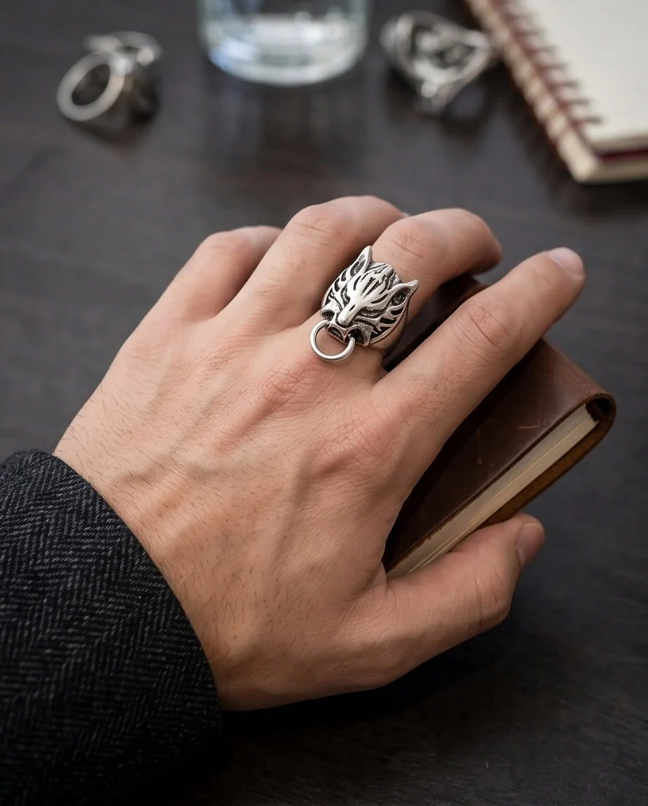 Vintage Silver Oxidized Viking Wolf Door Knocker Ring