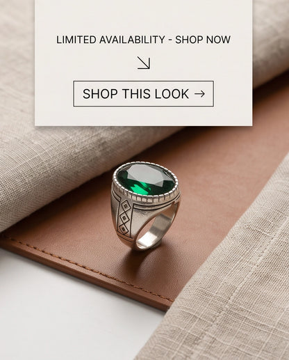 Emerald Gemstone Notched Bezel Geometric Diamond Silver Ring