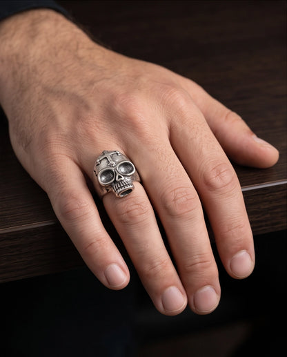Gothic Cross-Embossed Anatomical Skull Silver Ring
