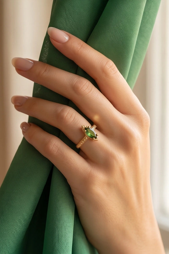 Vintage Gold Marquise Emerald Gothic Granulation Ring
