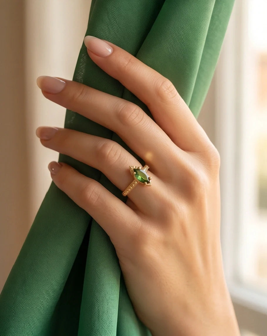 Vintage Gold Marquise Emerald Gothic Granulation Ring