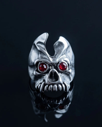 Ruby-Eyed Horned Demon Skull Ring