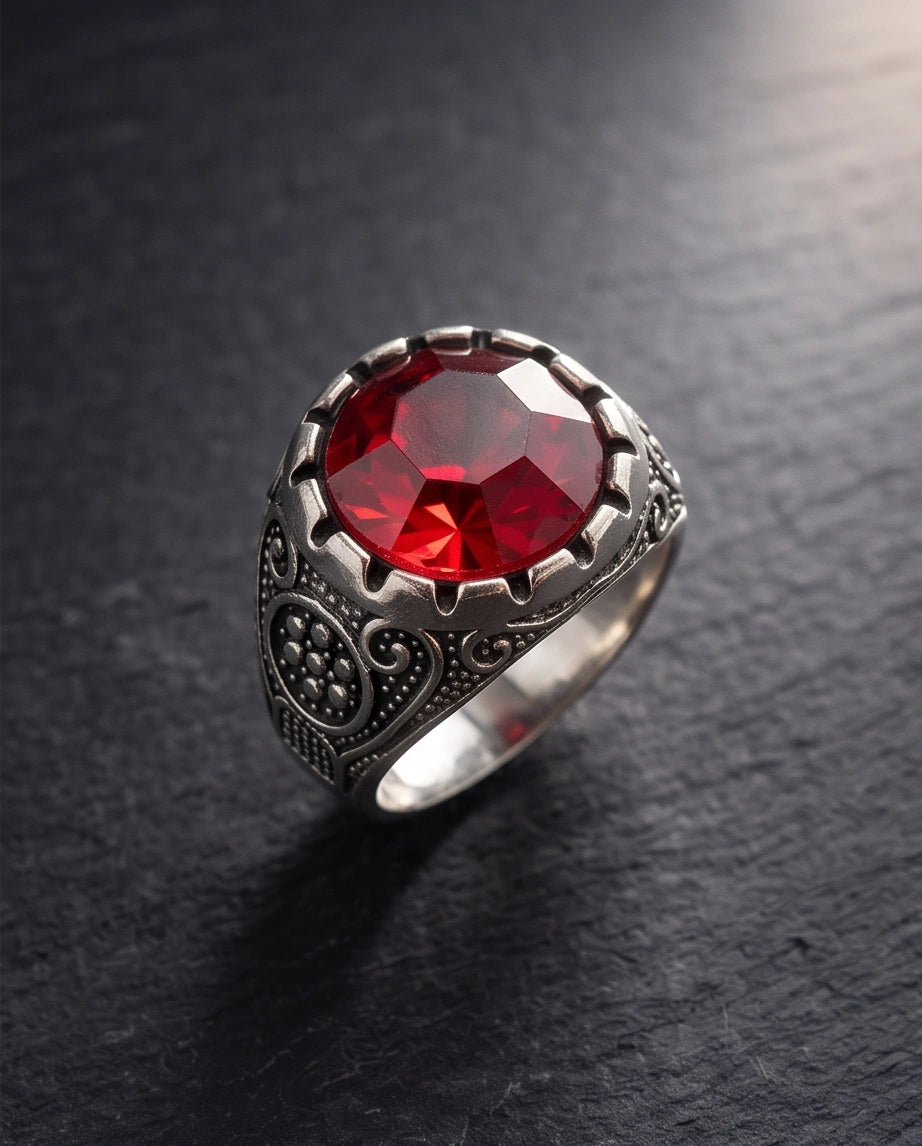 Crimson Monarch Silver Signet Ring