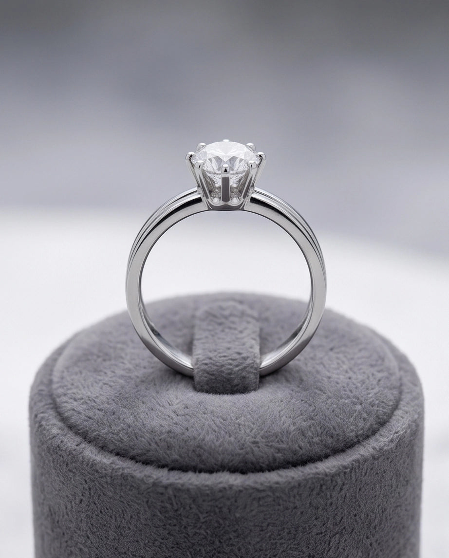 Silver Round Gemstone Grooved Solitaire Ring