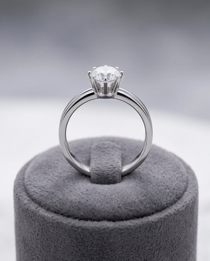 Silver Round Gemstone Grooved Solitaire Ring