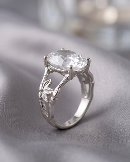 Silver Oval Quartz Botanical Solitaire Ring